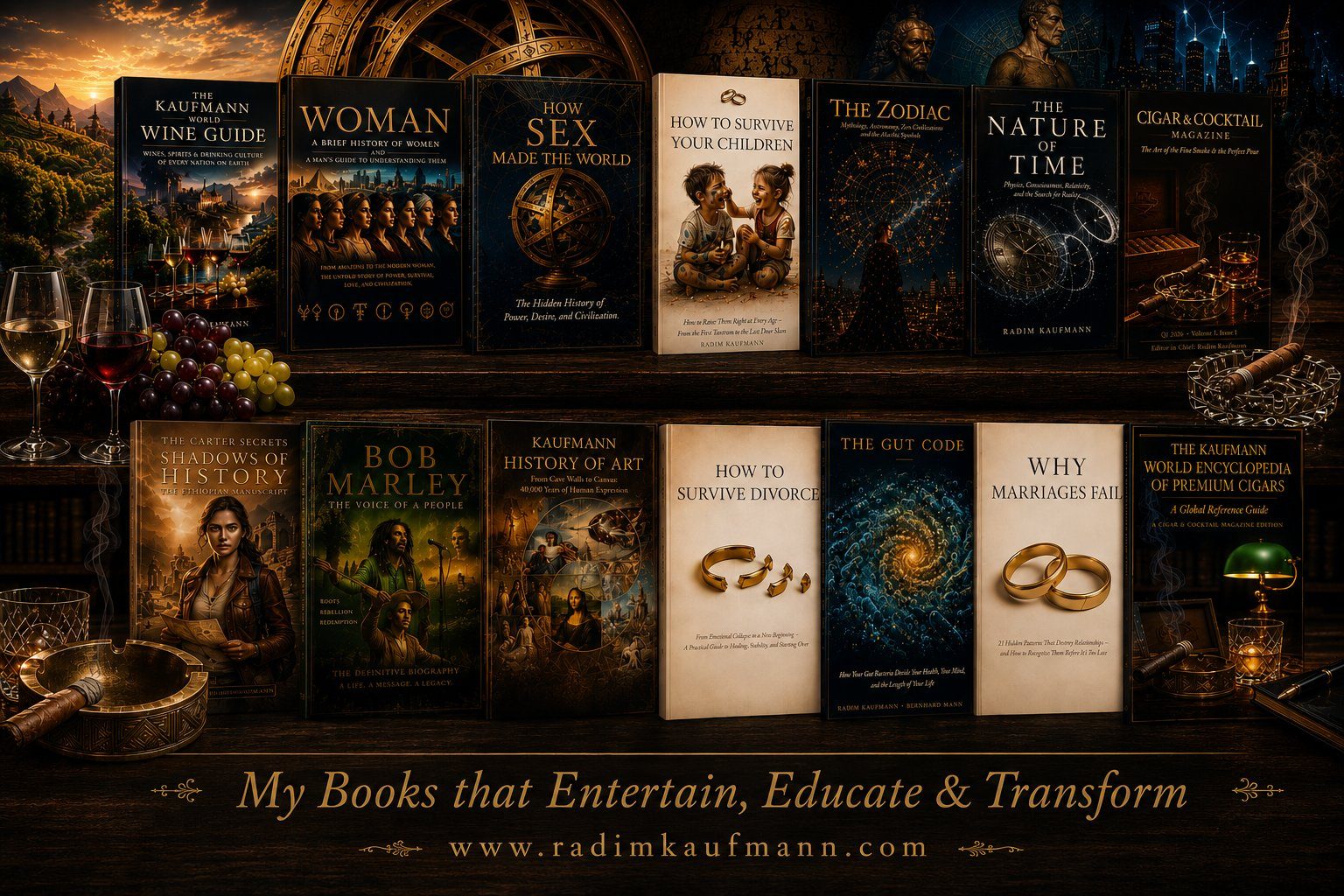 A curated collection of Radim Kaufmann's books, including The Kaufmann World Wine Guide, Woman, How Sex Made the World, The Zodiac, The Nature of Time, Bob Marley, Kaufmann History of Art, The Gut Code, Why Marriages Fail, and The Kaufmann World Encyclopedia of Premium Cigars.