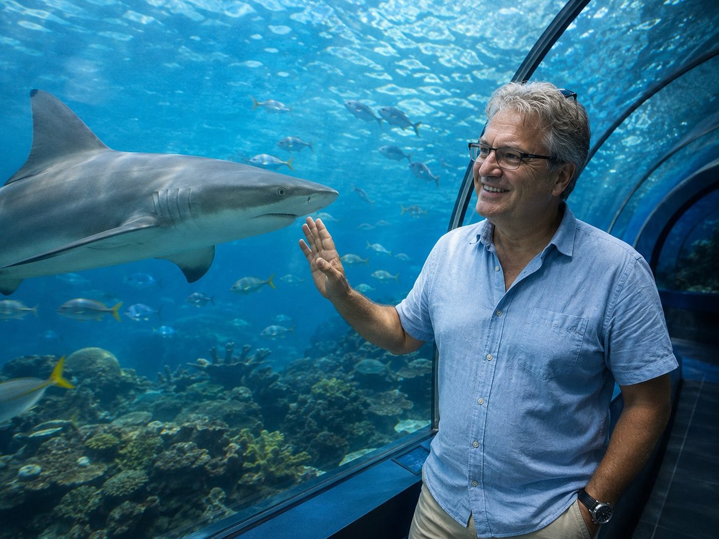 Radim Kaufmann inside a curved underwater aquarium tunnel, his right hand raised toward the glass as a large reef shark glides past, surrounded by schools of tropical fish and coral, blue underwater light bathing the scene