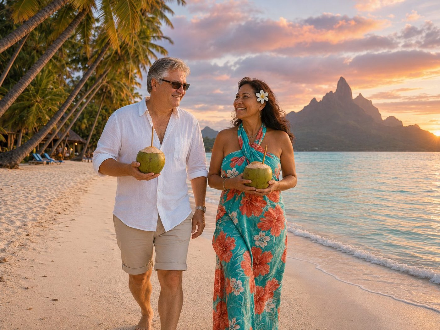 Radim Kaufmann walking barefoot on a tropical beach at sunset on Bora Bora, French Polynesia, with a Polynesian female friend in a colourful turquoise-and-coral hibiscus sarong, a single white tiare flower behind her ear, both holding fresh green coconuts with bamboo straws, Mount Otemanu silhouetted against a peach and lavender sunset sky