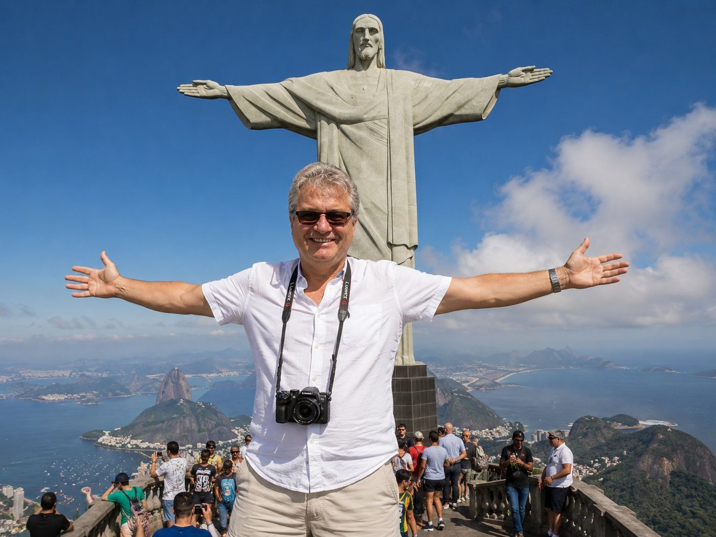 Radim Kaufmann on the observation platform on top of Corcovado Mountain in Rio de Janeiro, Brazil, his arms outstretched wide in playful mimicry of the towering Cristo Redentor statue rising behind him, with the city of Rio, Sugarloaf Mountain, and Guanabara Bay glittering below