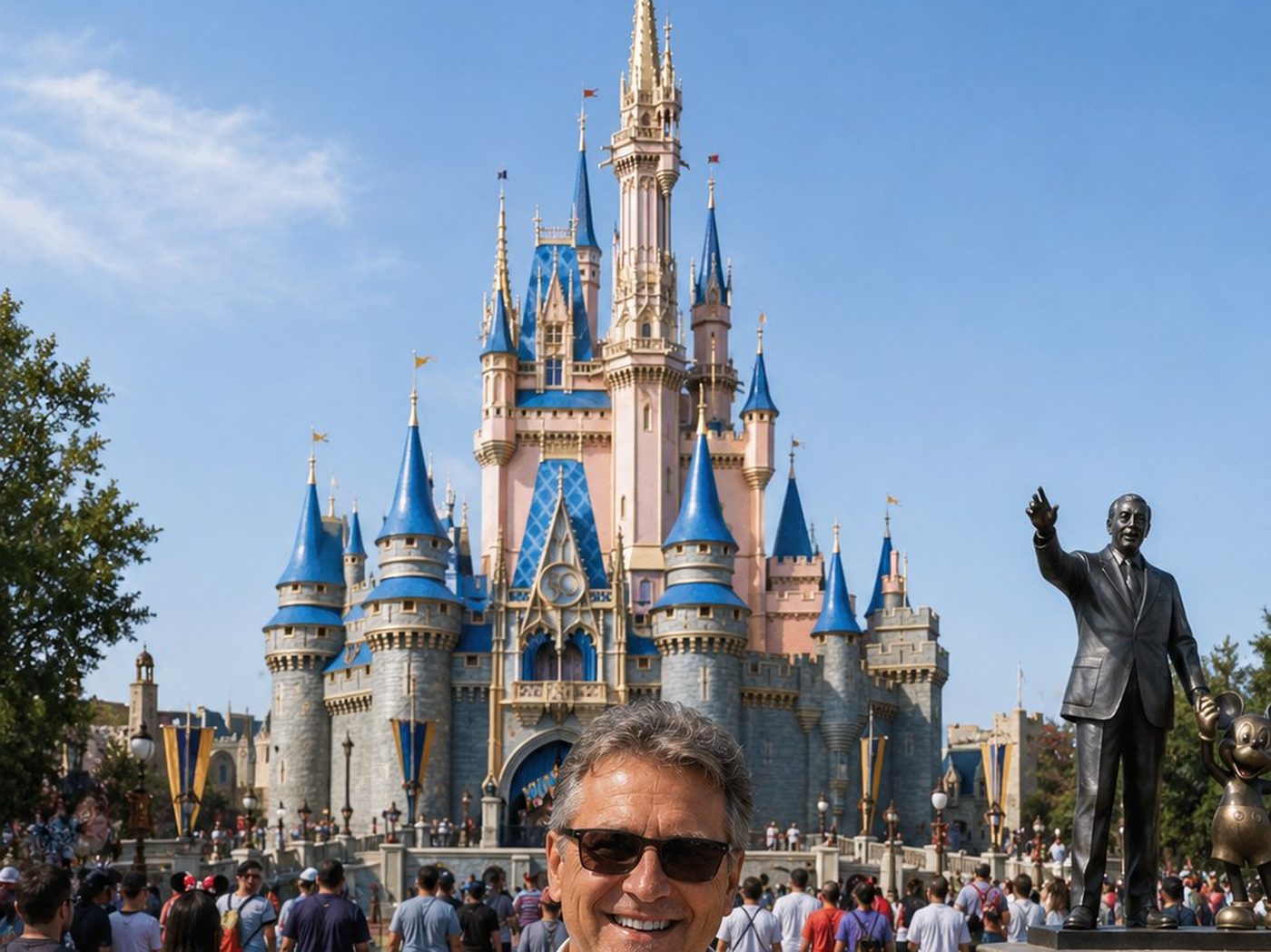 Radim Kaufmann at Cinderella Castle in the Magic Kingdom of Walt Disney World, Florida, with the bronze Partners Statue of Walt Disney and Mickey Mouse on the right