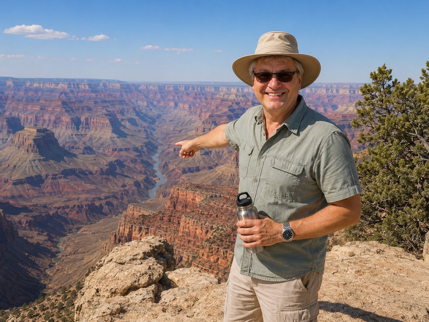 Radim Kaufmann at the South Rim of the Grand Canyon, Arizona, leaning slightly forward as he points his right hand toward the layered red-orange canyon walls, holding a stainless-steel water bottle