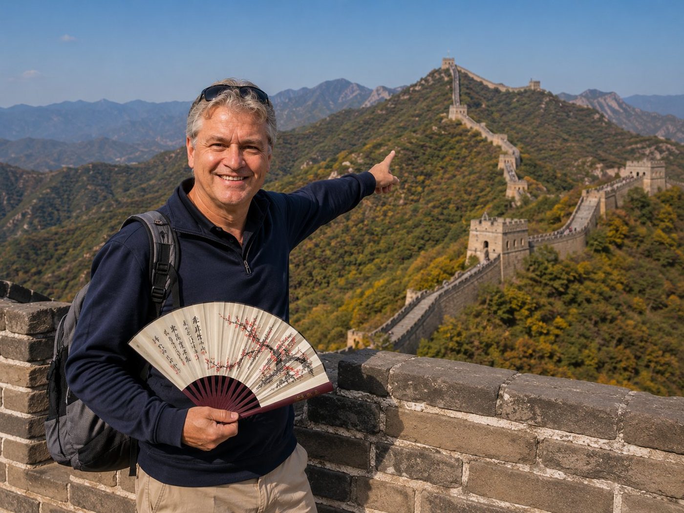 Radim Kaufmann on the Great Wall of China at Mutianyu, pointing toward the watchtowers along the ridges, holding a Chinese plum-blossom paper fan