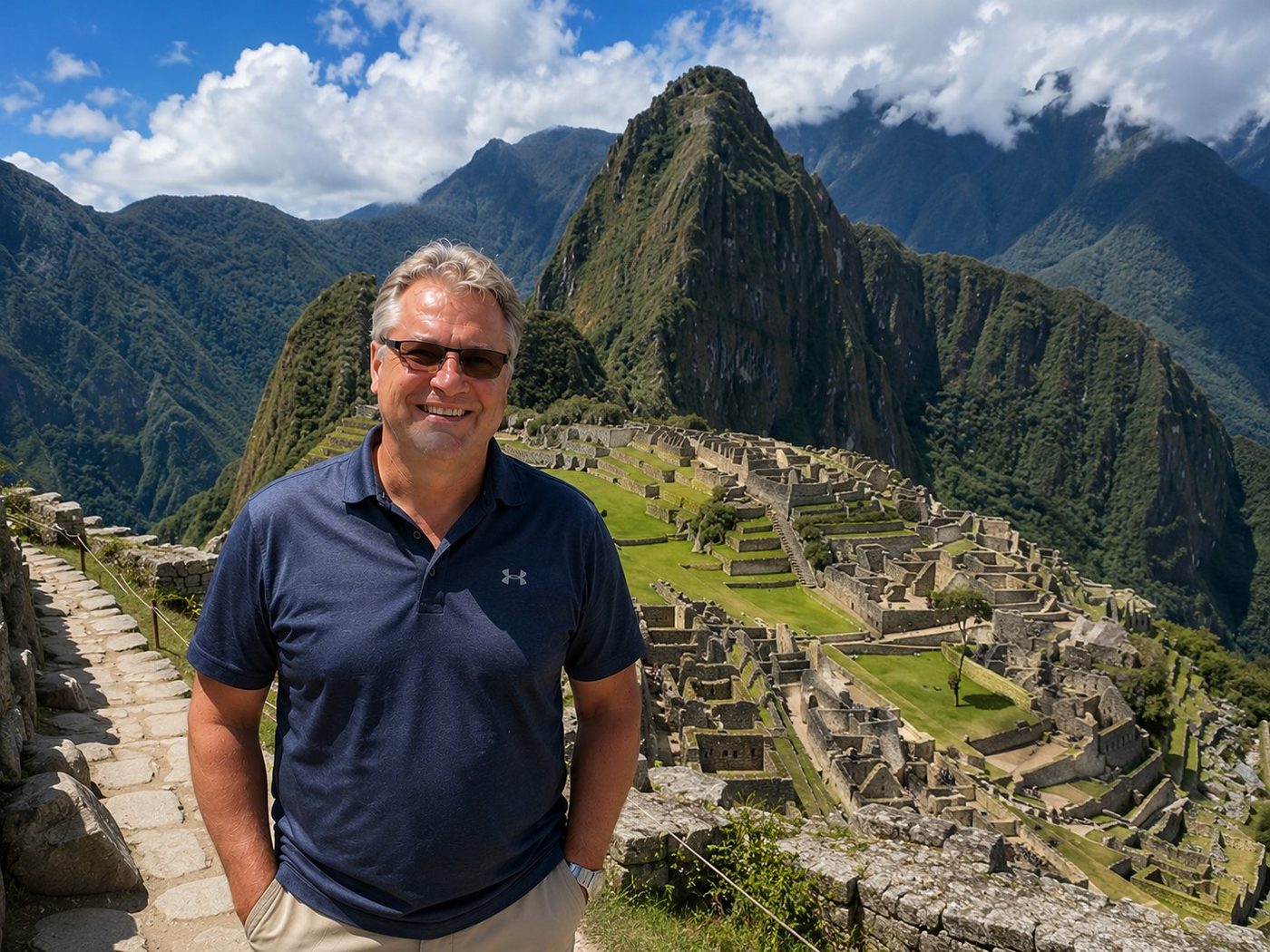 Radim Kaufmann at Machu Picchu, Peru, with a panoramic view of the Inca citadel ruins, terraces, and Huayna Picchu mountain behind him