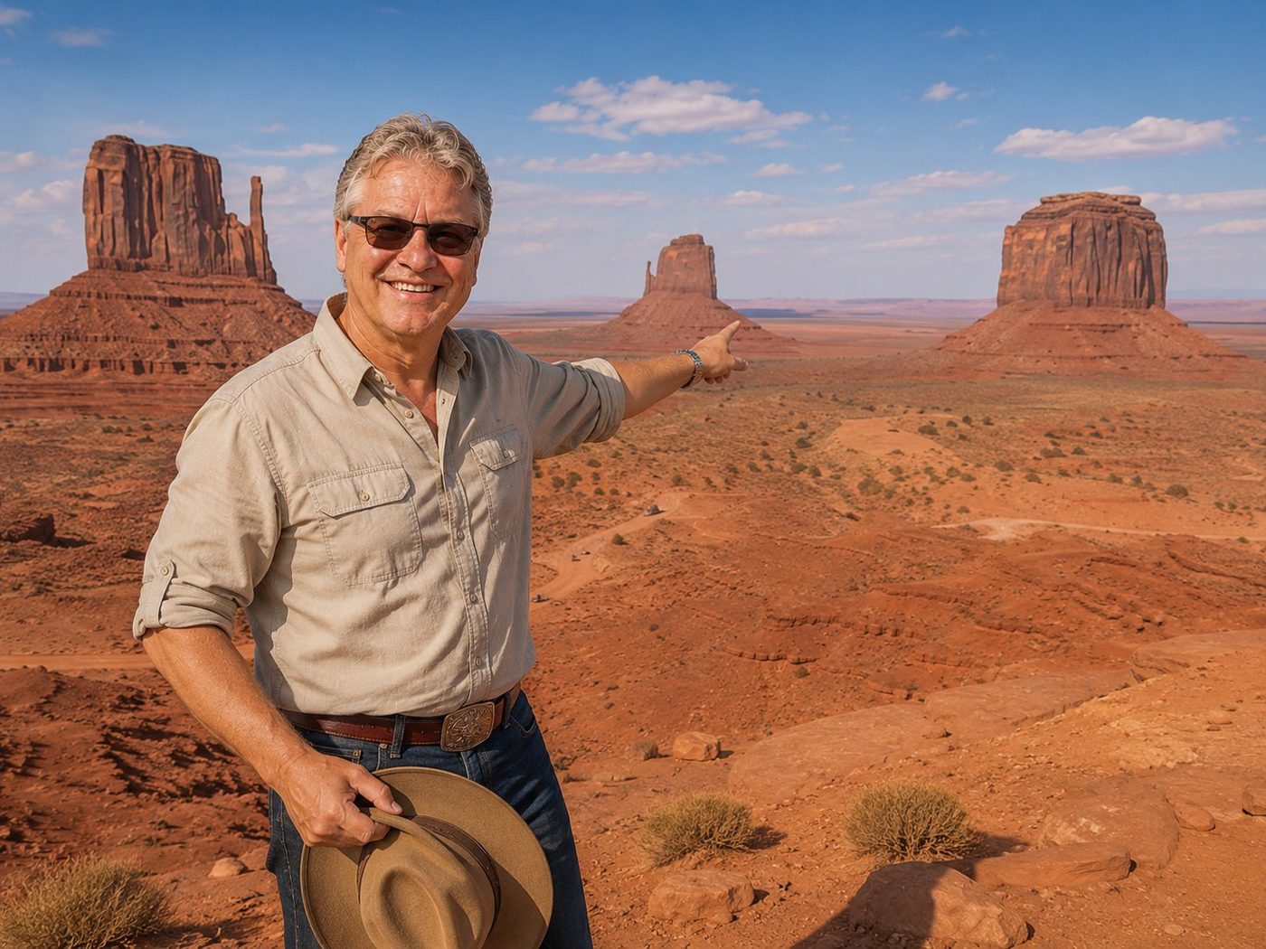 Radim Kaufmann on the red-sand mesa of Monument Valley on the Navajo Nation lands, pointing toward the iconic Mittens Buttes and Merrick Butte rising on the horizon, holding a faded tan cowboy hat in his other hand