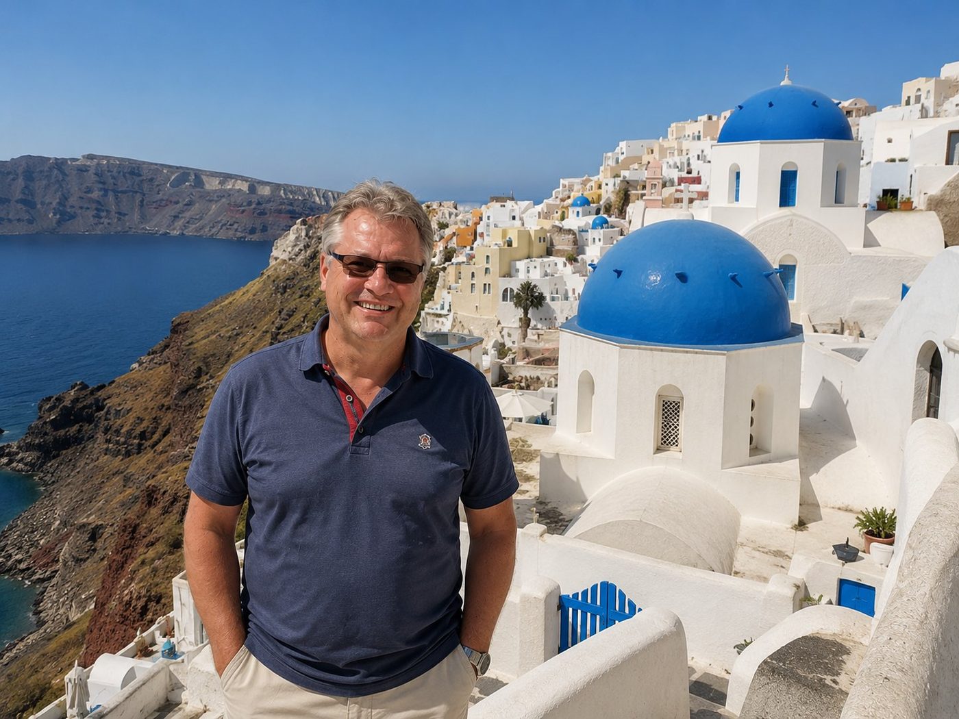 Radim Kaufmann at Oia, Santorini, with the iconic blue-domed Cycladic churches and the Aegean caldera behind him