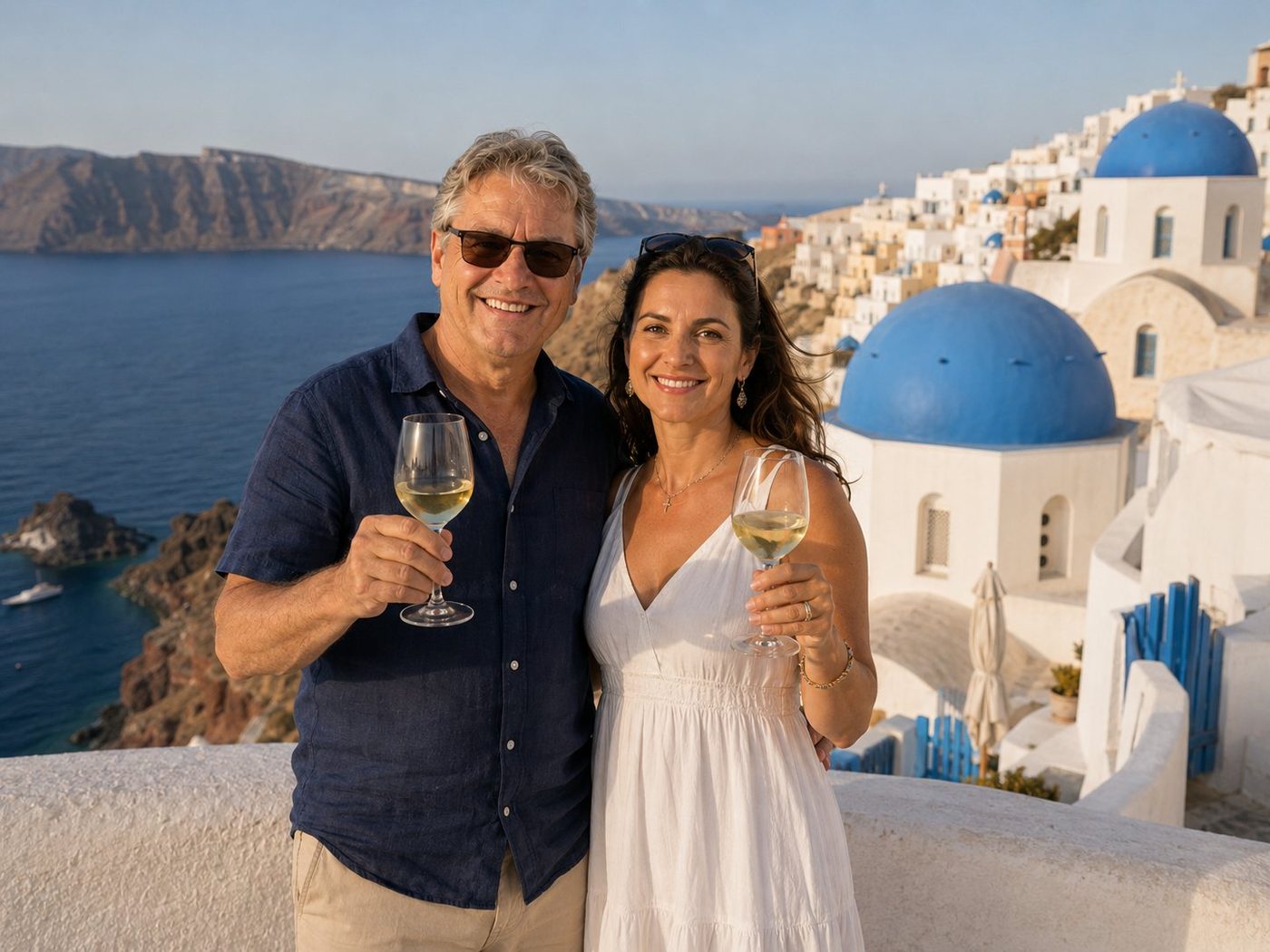 Radim Kaufmann at sunset in Oia, Santorini, with a Greek female friend, both raising glasses of white Assyrtiko wine in a toast, the blue-domed Cycladic church and Aegean caldera behind them