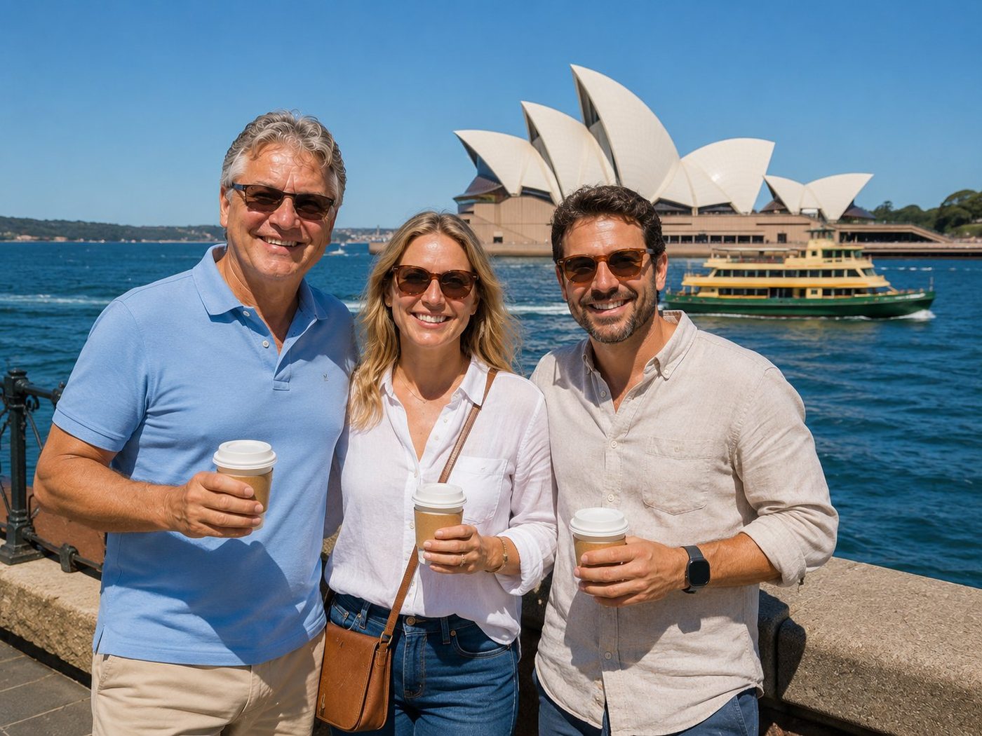 Radim Kaufmann at Sydney Opera House with two Australian friends, all holding takeaway coffee cups, the iconic white-shell sails behind them and a Sydney ferry passing in the harbour