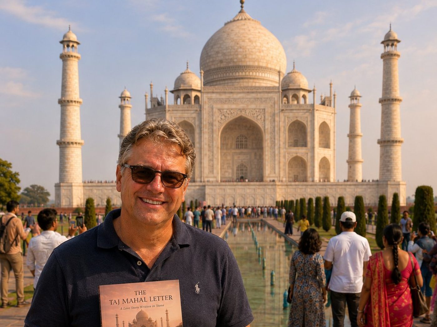 Radim Kaufmann at the Taj Mahal in Agra, India, holding a copy of his book 'The Taj Mahal Letter — A Love Story Written in Stone', with the white marble mausoleum, central dome, four minarets, and the long reflecting pool behind him