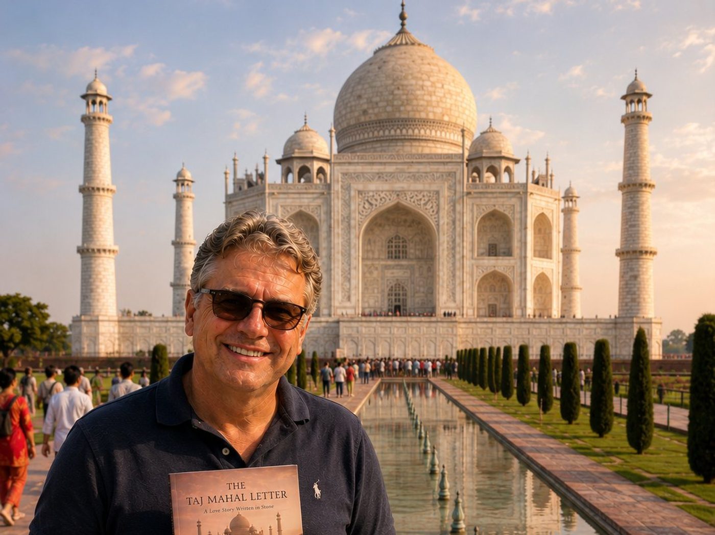 Radim Kaufmann sitting on a wall at the Taj Mahal in Agra at golden hour, holding a copy of his book 'The Taj Mahal Letter', with the warmly-lit white marble mausoleum and reflecting pool behind him