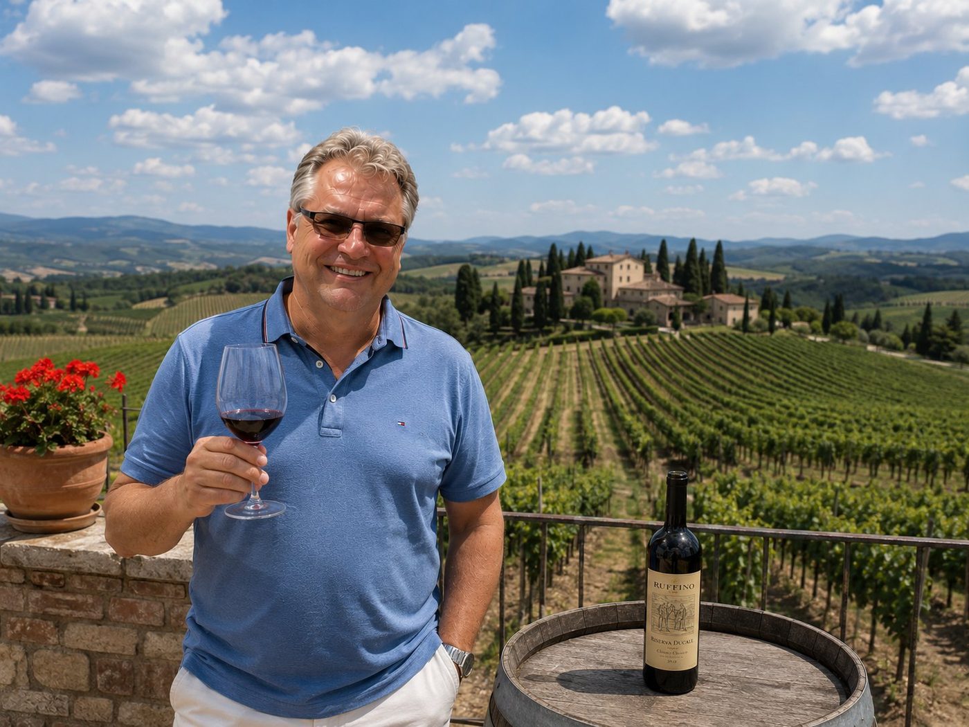 Radim Kaufmann in Tuscan wine country, raising a glass of Chianti Classico with a Tuscan villa, cypress trees, and rows of vineyards behind him