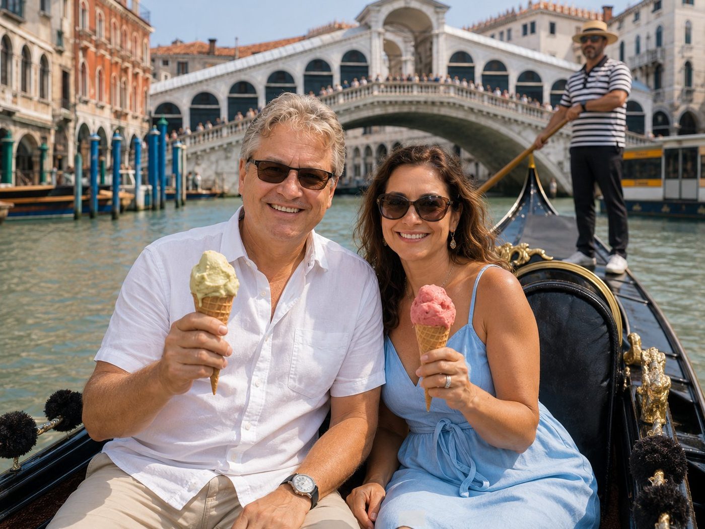 Radim Kaufmann seated in a black Venetian gondola on the Grand Canal with an Italian female friend in a sky-blue sundress, both holding gelato cones, the Rialto Bridge rising in the background, gondolier in striped shirt and straw hat steering at the stern